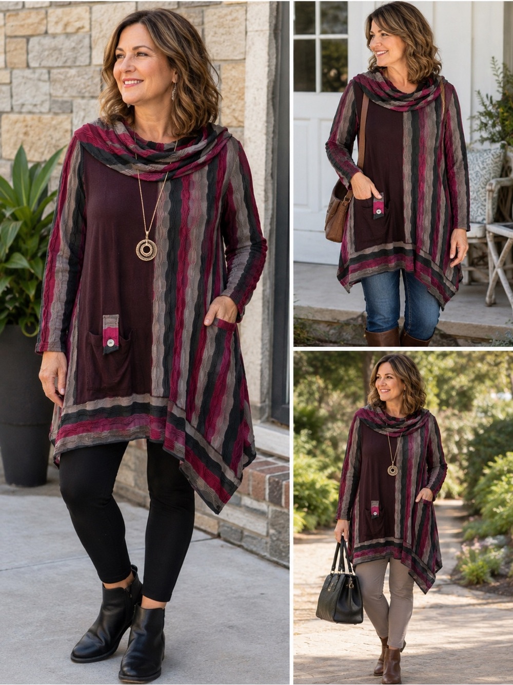 Ali Miles Women’s XL Tunic Top Burgundy Gray Cowl Neck Asymmetrical NWT